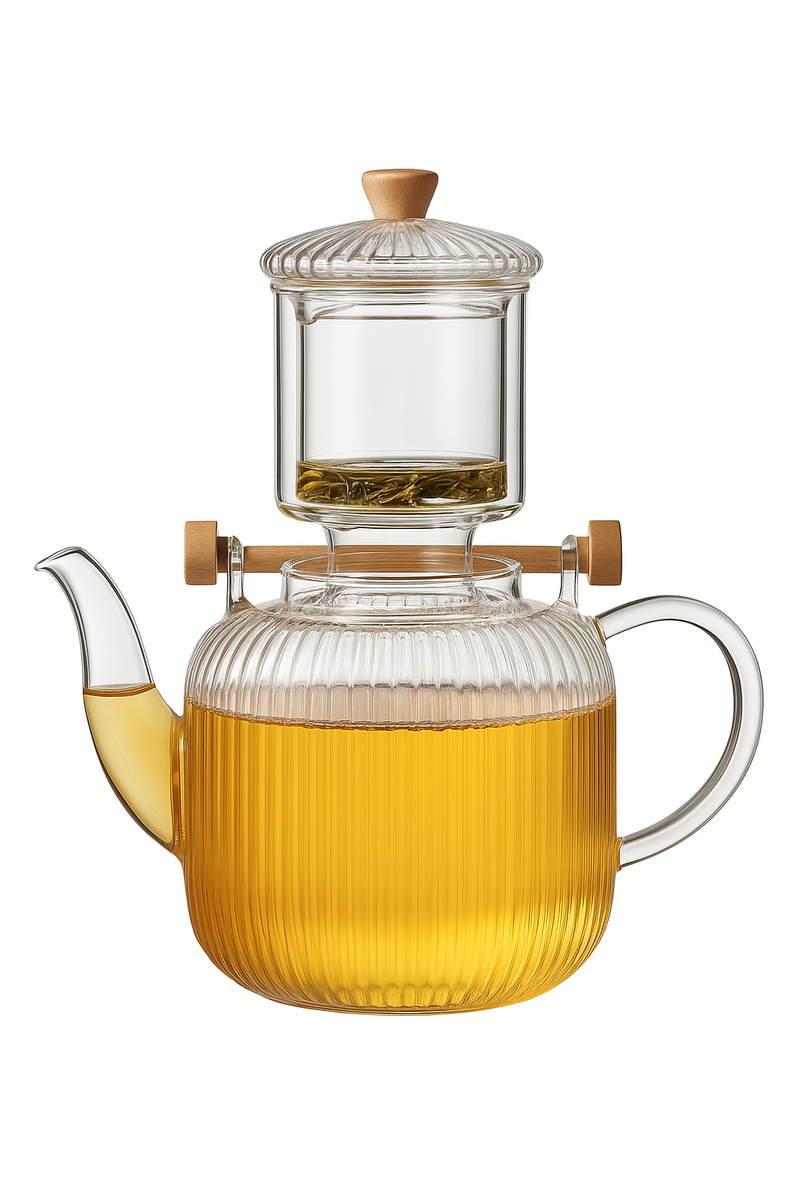 Theiere verre borosilicate filtre integre anse bois design
