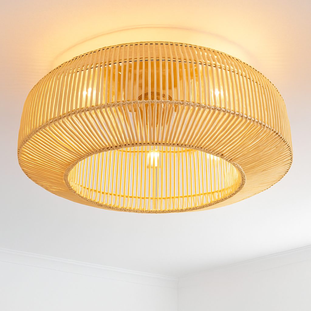 Handmade bamboo rattan ceiling fan with retro light and invisible blades for kitchen island wabi-sabi style - modern design