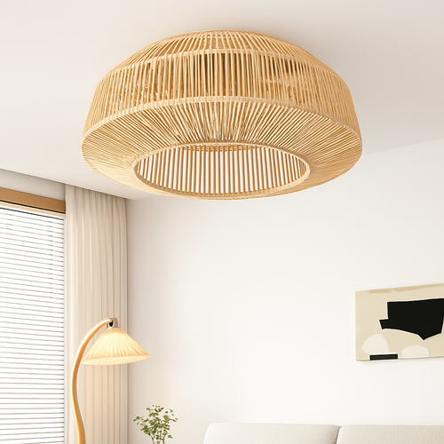 Ventilateur de plafond avec lumière rétro fait à la main en rotin de bambou ventilateur invisible lumières moderne simple Wabi-Sabi lampe de ventilateur de plafond d'îlot de cuisine - vue 2 sur 7