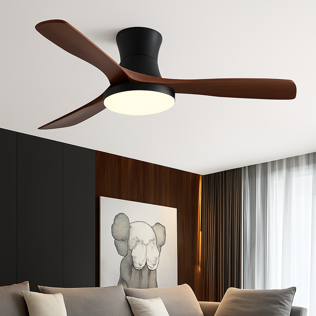Low profile ceiling fan with LED light and electric control