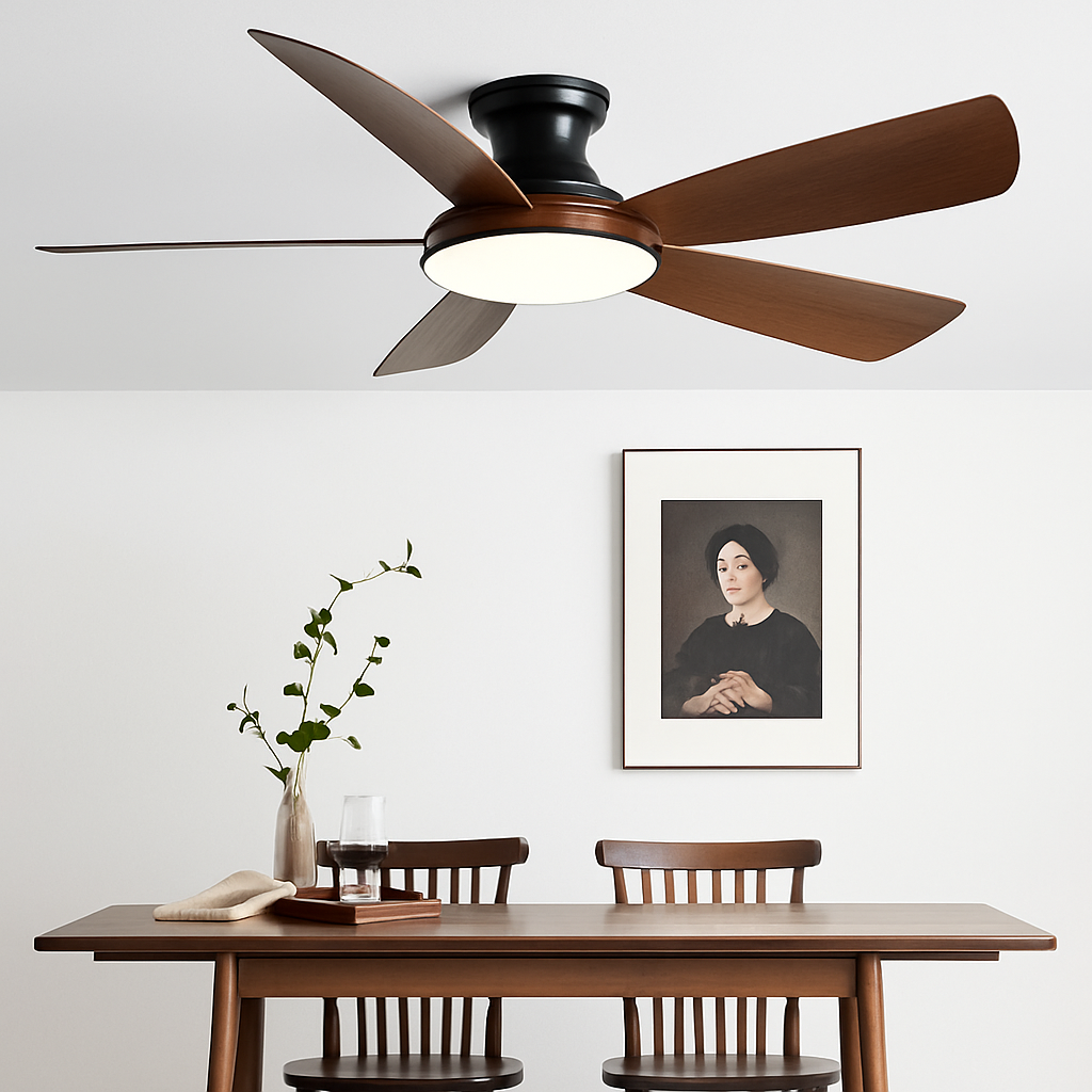 Modern low ceiling fan with LED light and DC remote control