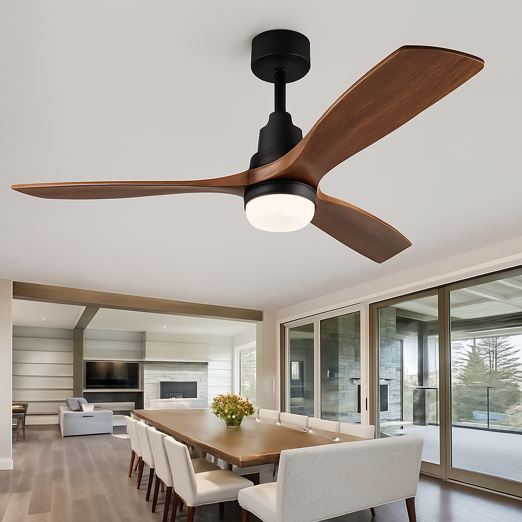 Wood ceiling fan with 3 blades, light and remote control