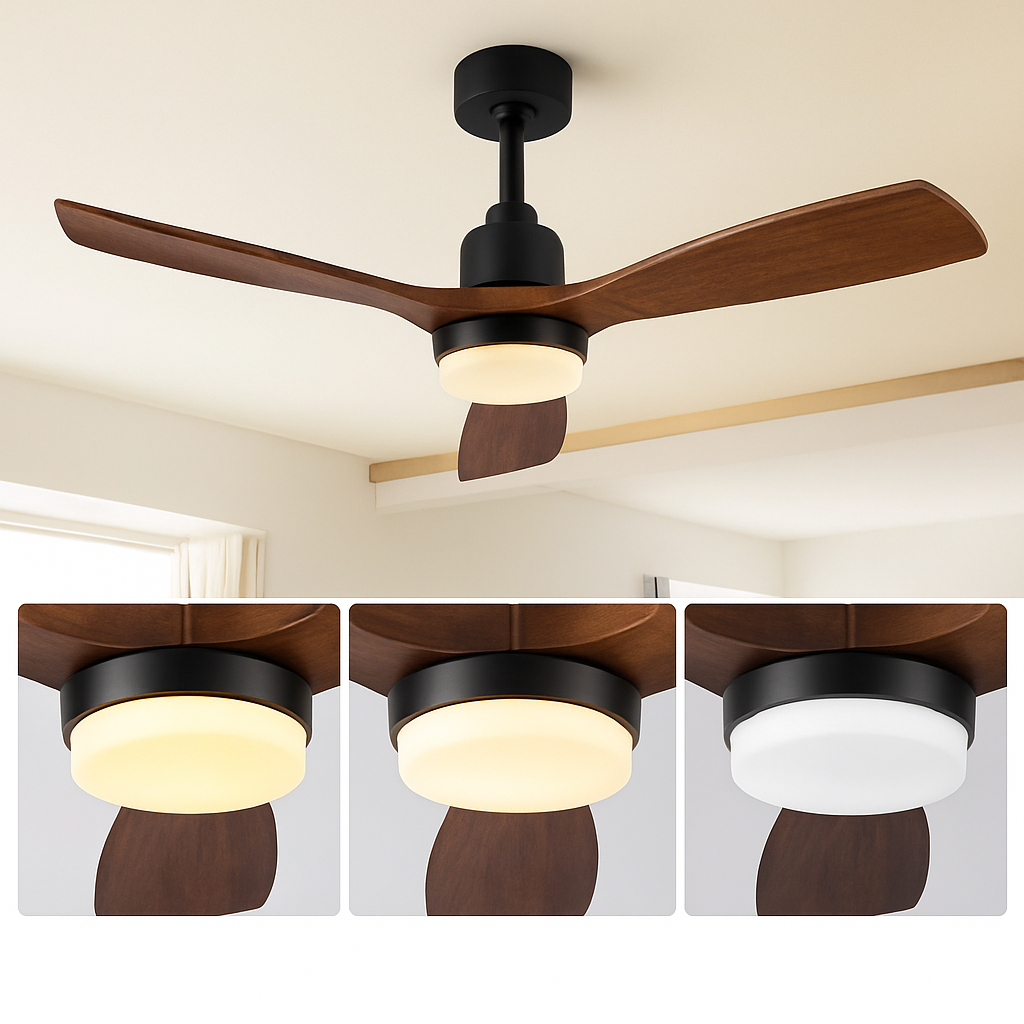 ventilateur de plafond bois 3 pales avec lumière et télécommande - vue 5 sur 8