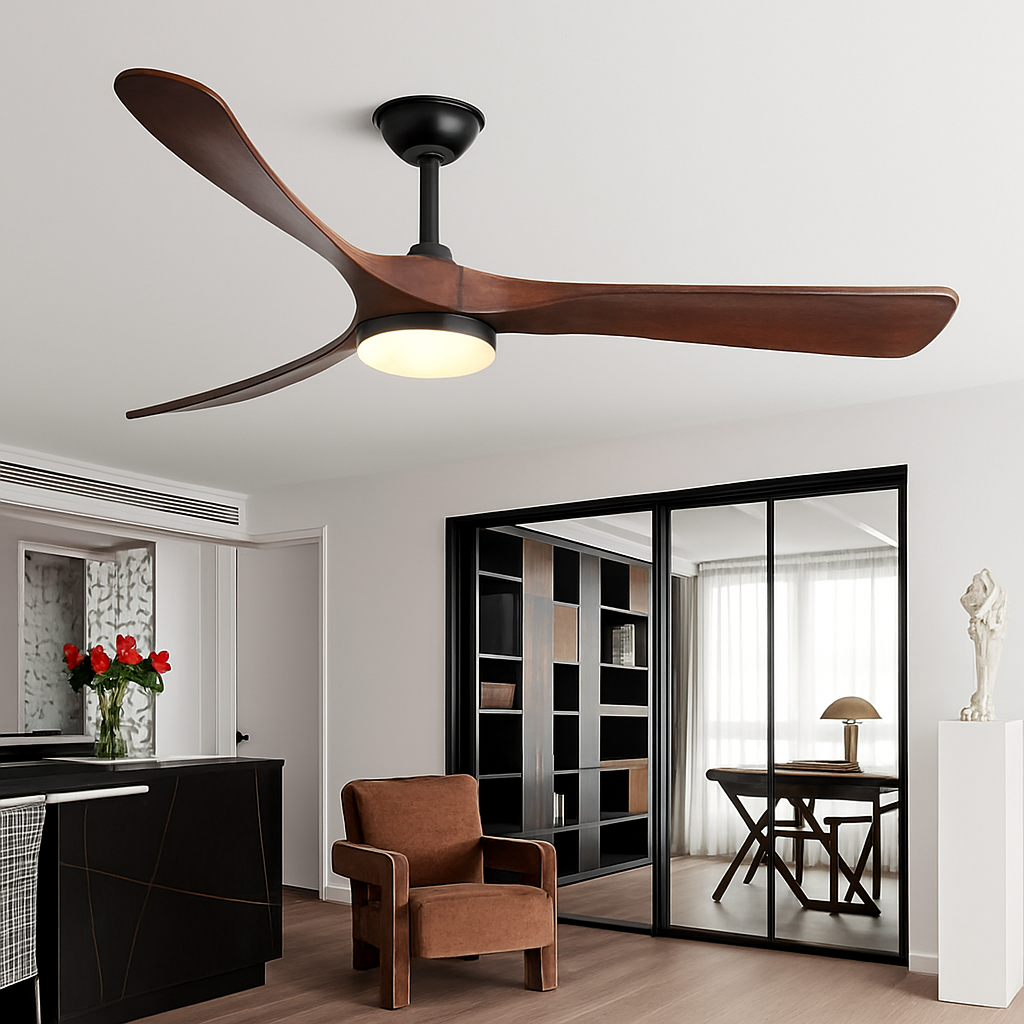 ventilateur de plafond bois naturel de luxe avec led réversible été hiver - vue 3 sur 9