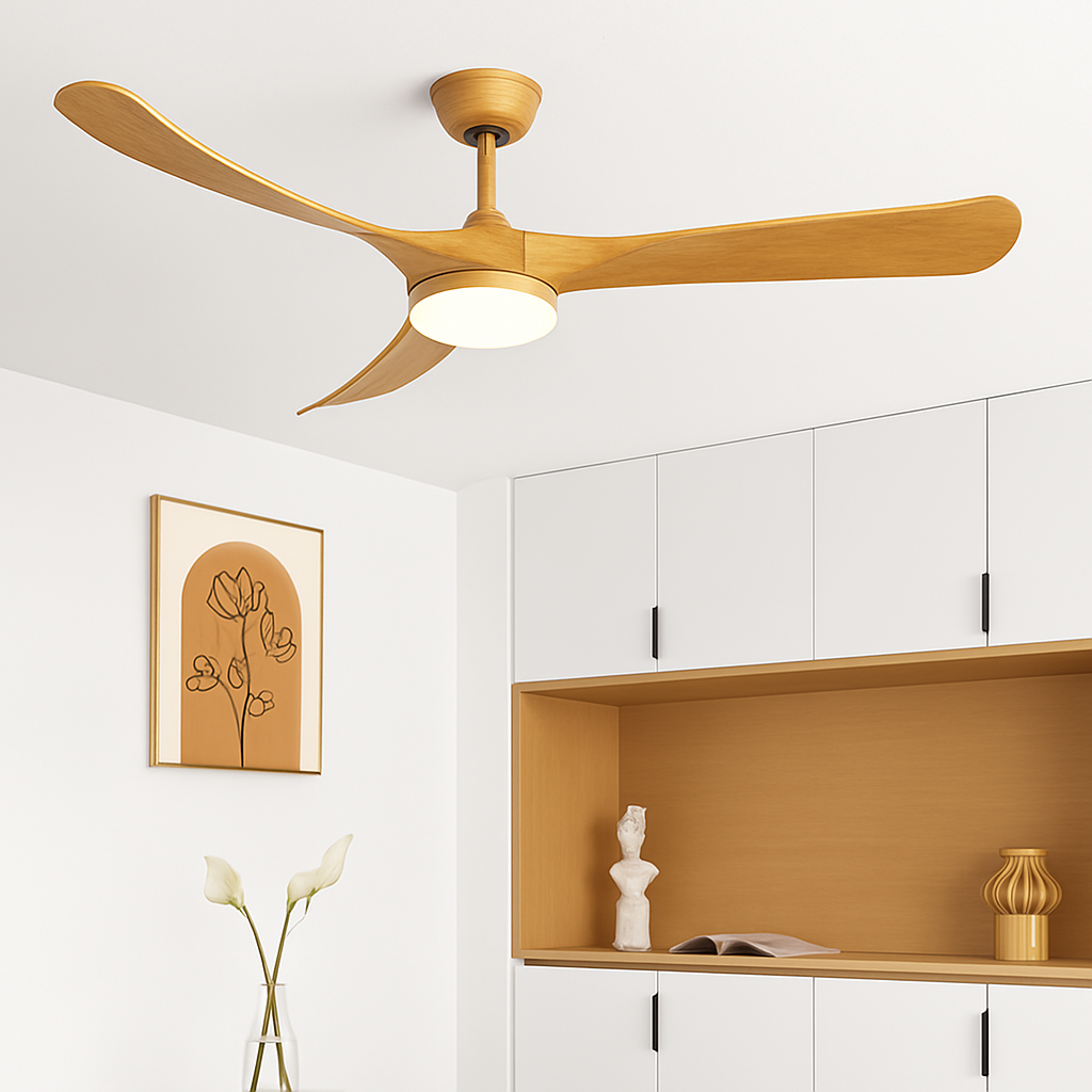 ventilateur de plafond bois naturel de luxe avec led réversible été hiver - vue 4 sur 9