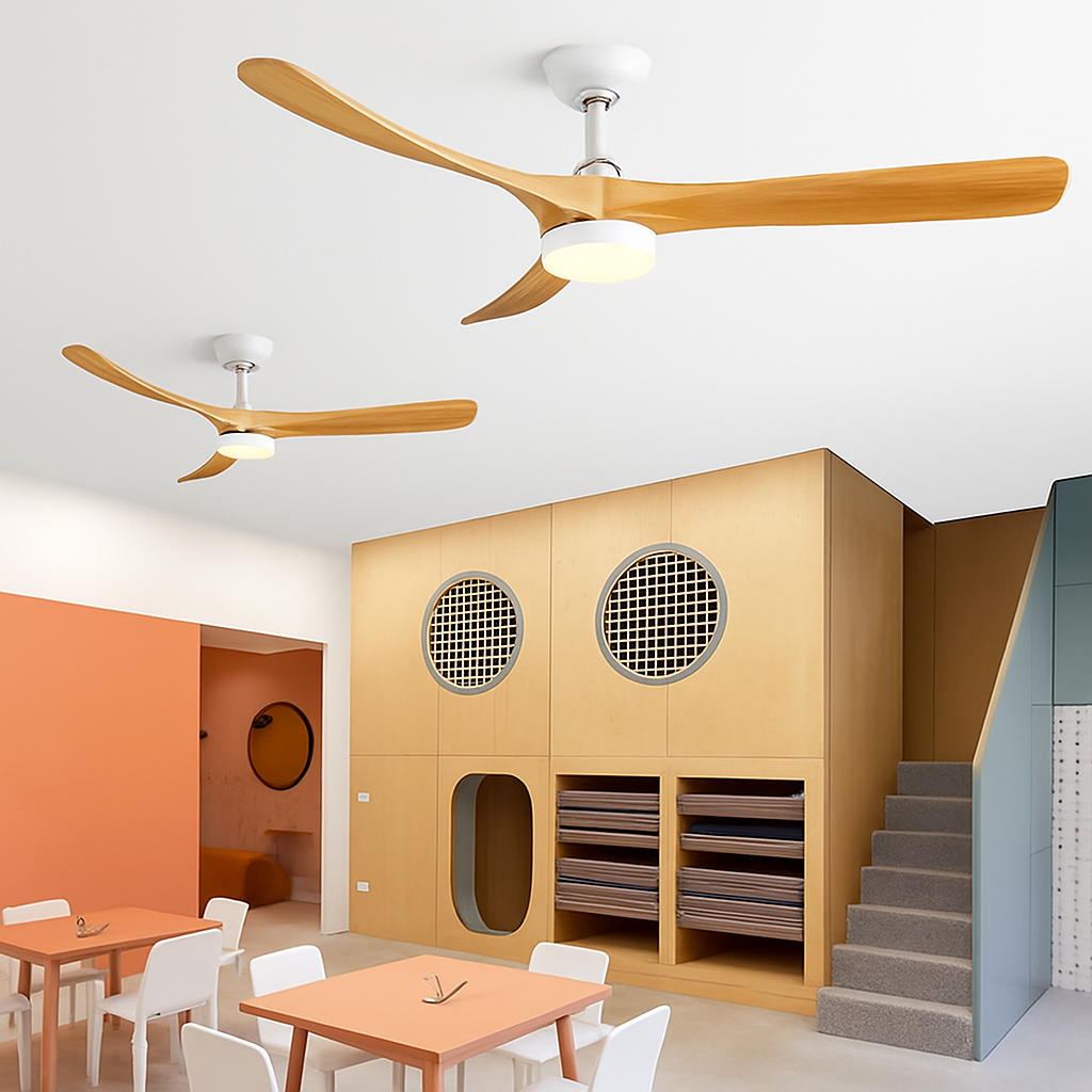 ventilateur de plafond bois naturel de luxe avec led réversible été hiver - vue 5 sur 9