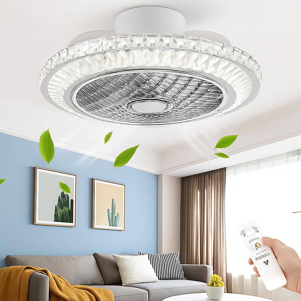 ventilateur de plafond en cristal moderne avec lumière et télécommande - vue 3 sur 7