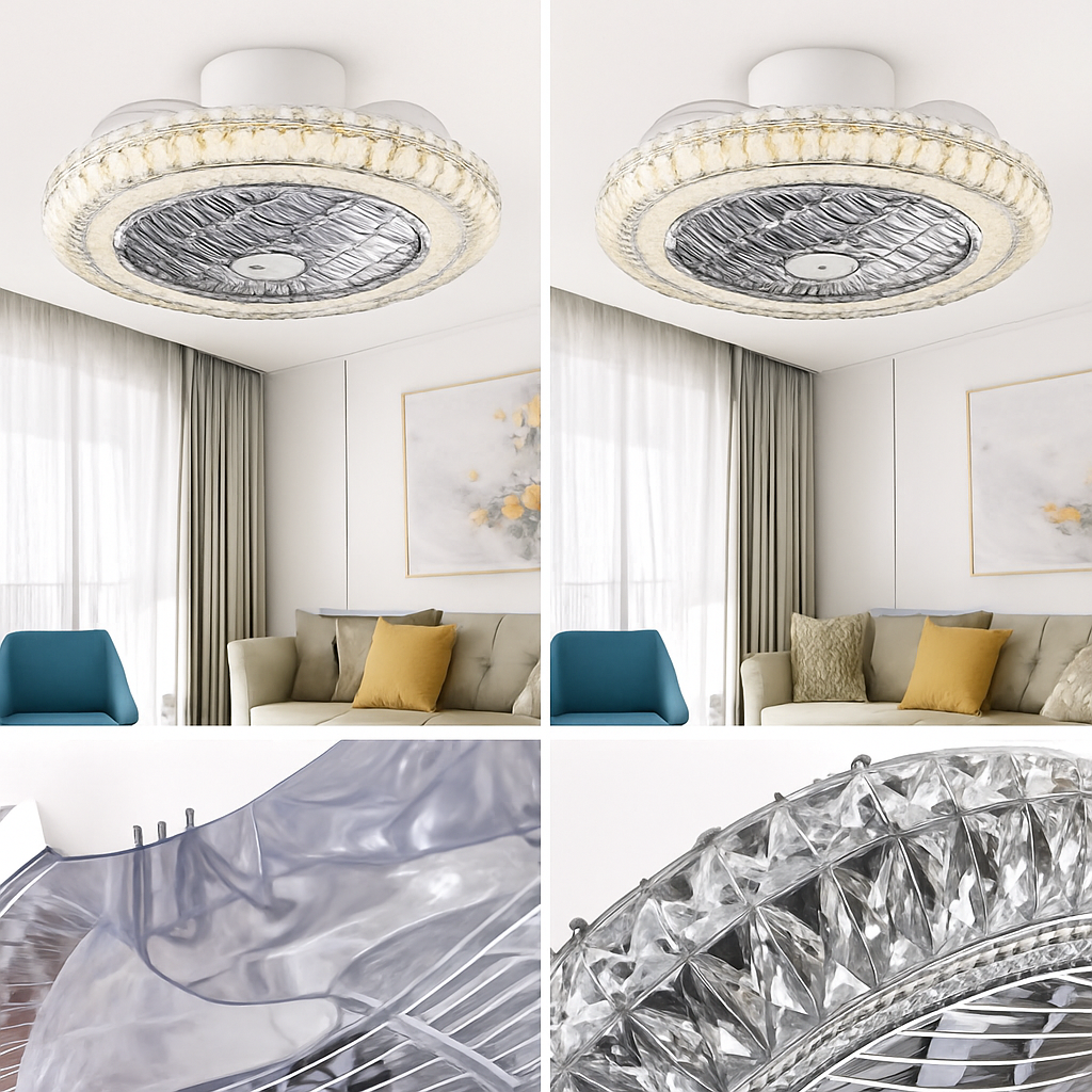 ventilateur de plafond en cristal moderne avec lumière et télécommande - vue 4 sur 7