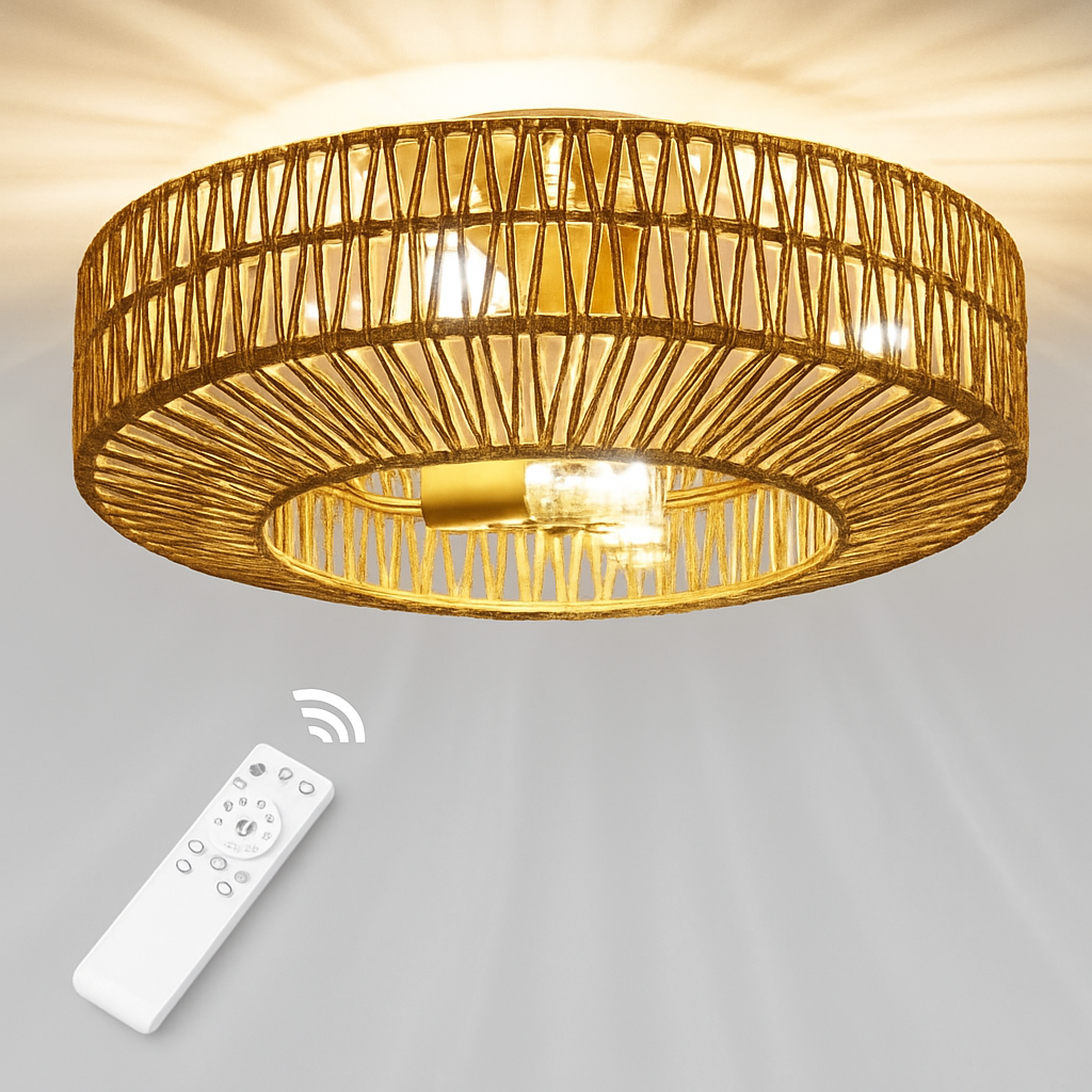 Rattan ceiling fan with light and vintage remote control