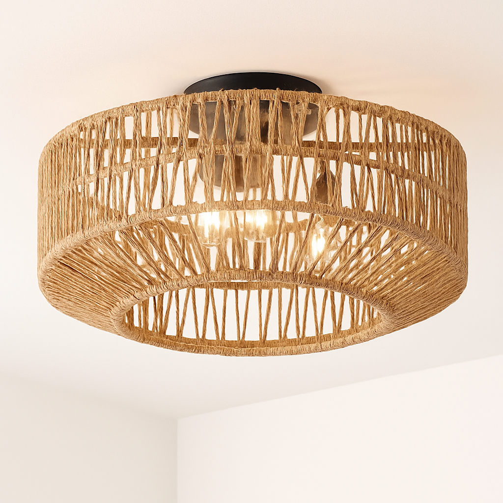 Rattan ceiling fan with light and vintage remote control