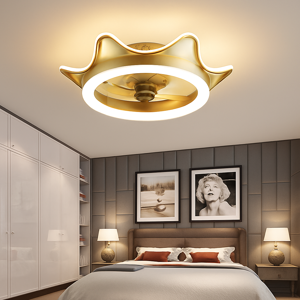 Minimalist ceiling fan with crystal LED light and remote control - vue 4 sur 16
