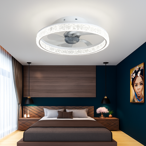 Minimalist ceiling fan with crystal LED light and remote control - vue 6 sur 16
