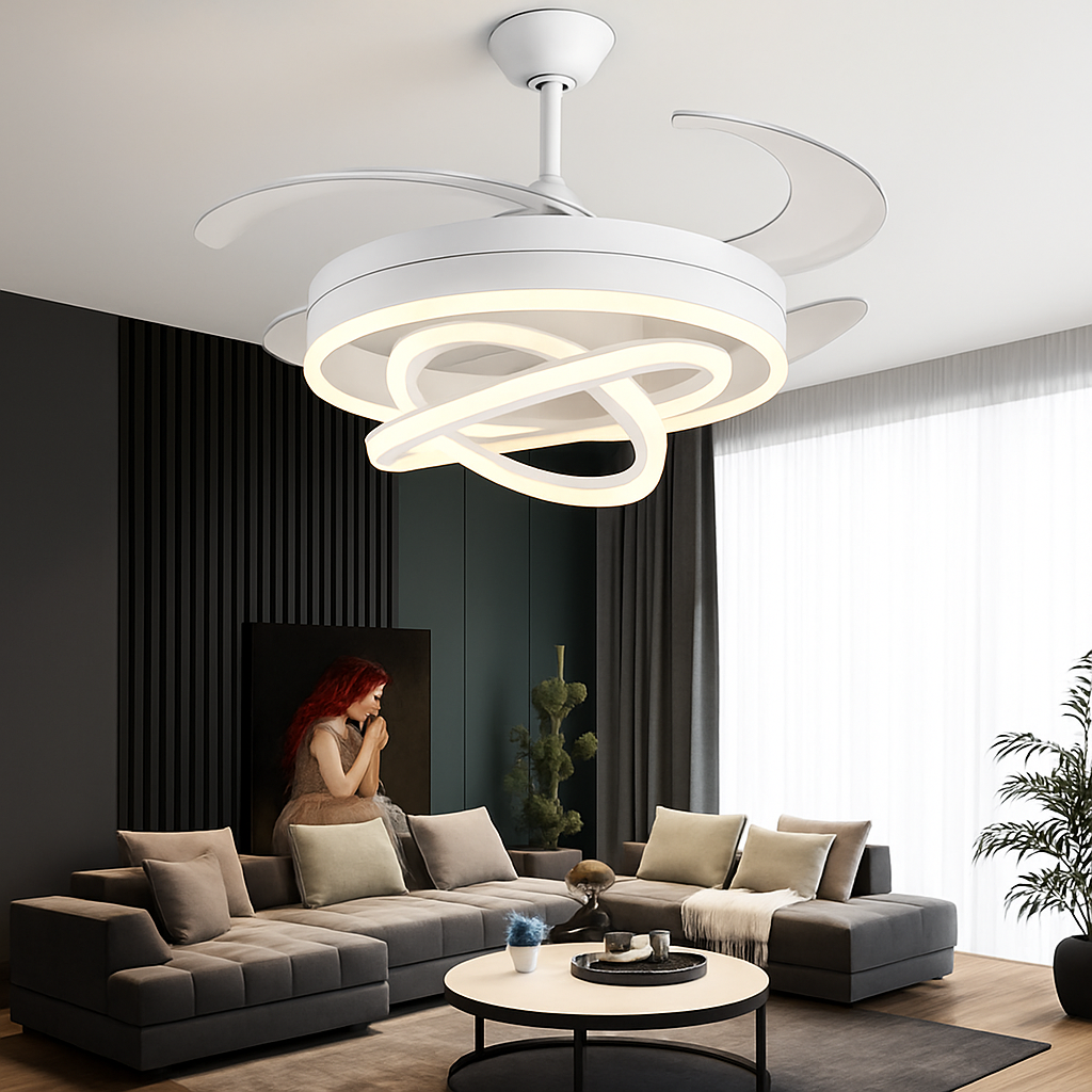 Modern ceiling fan with LED lights and rechargeable remote control