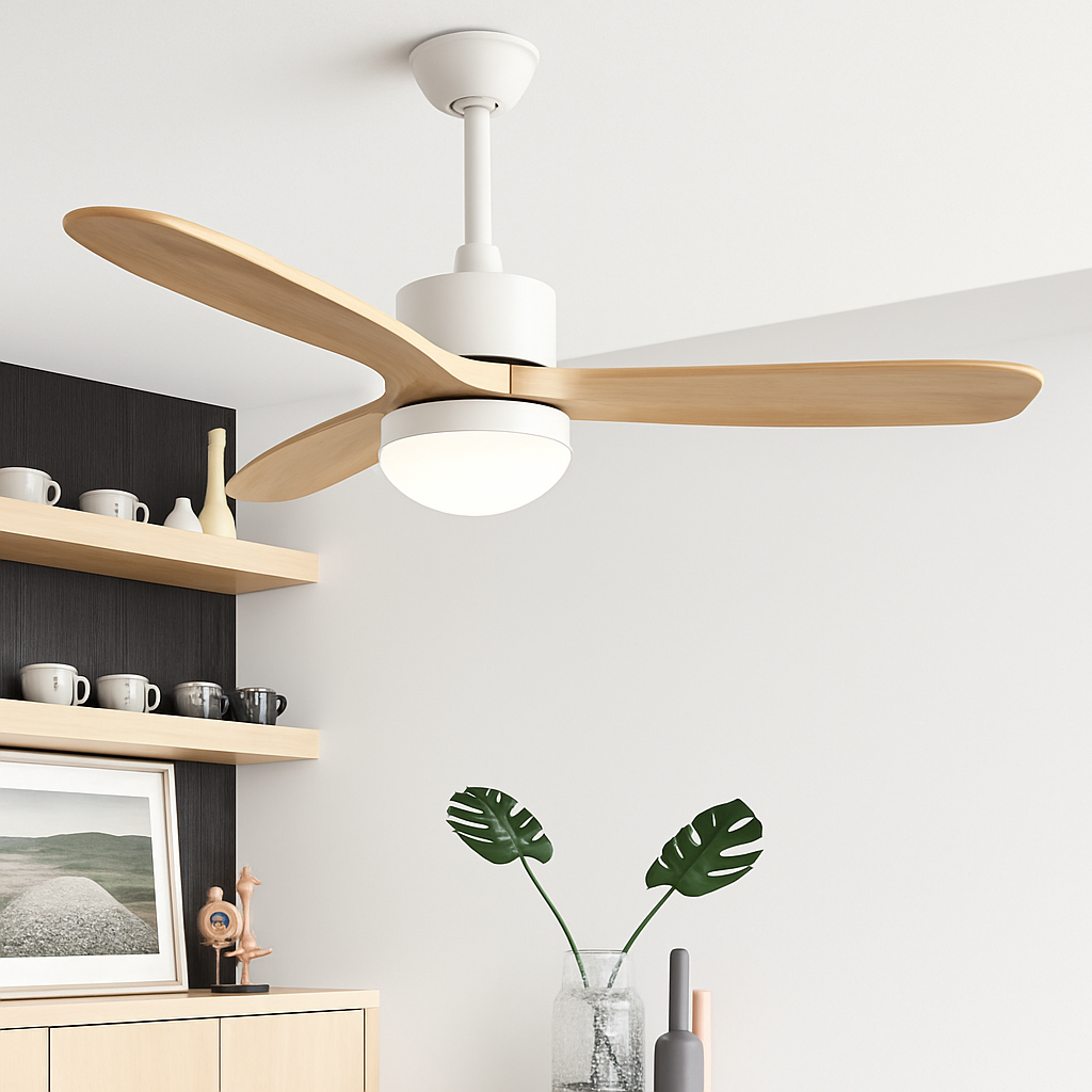 ventilateur de plafond nordique à lumière télécommandée en bois et métal - vue 3 sur 12