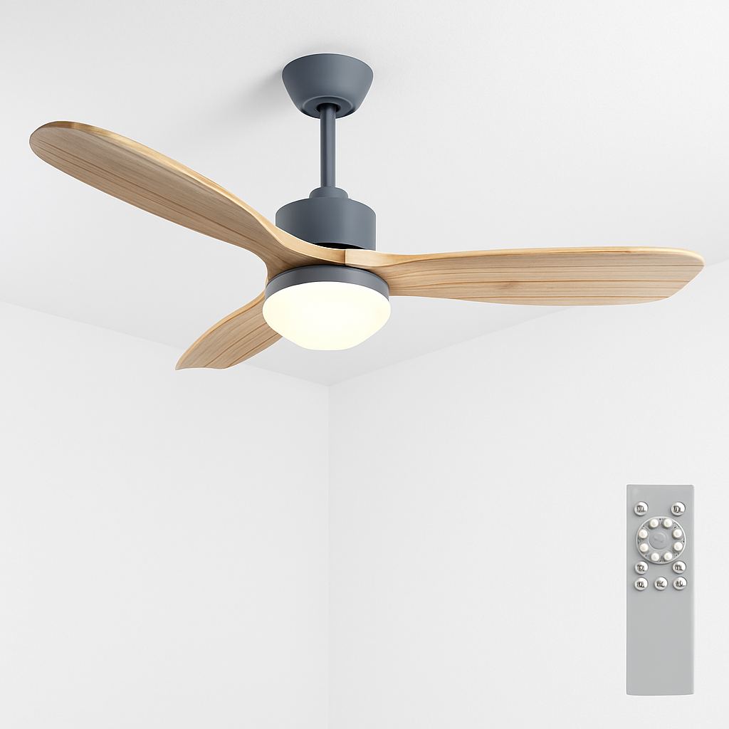 ventilateur de plafond nordique à lumière télécommandée en bois et métal - vue 10 sur 12
