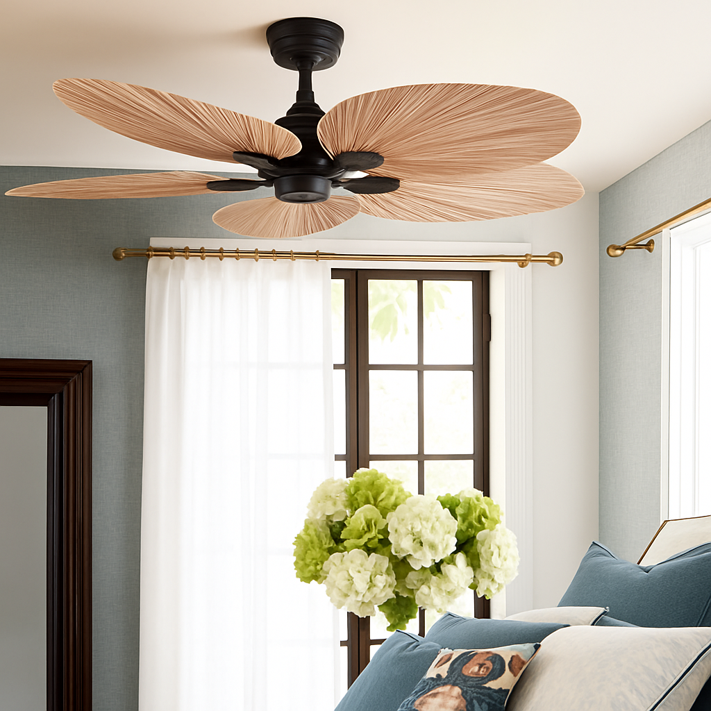 Ceiling fan without light with palm leaves and remote control for living room and bedroom