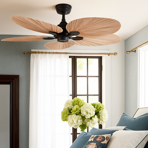 Ceiling fan without light with palm leaves and remote control for living room and bedroom - vue 2 sur 6