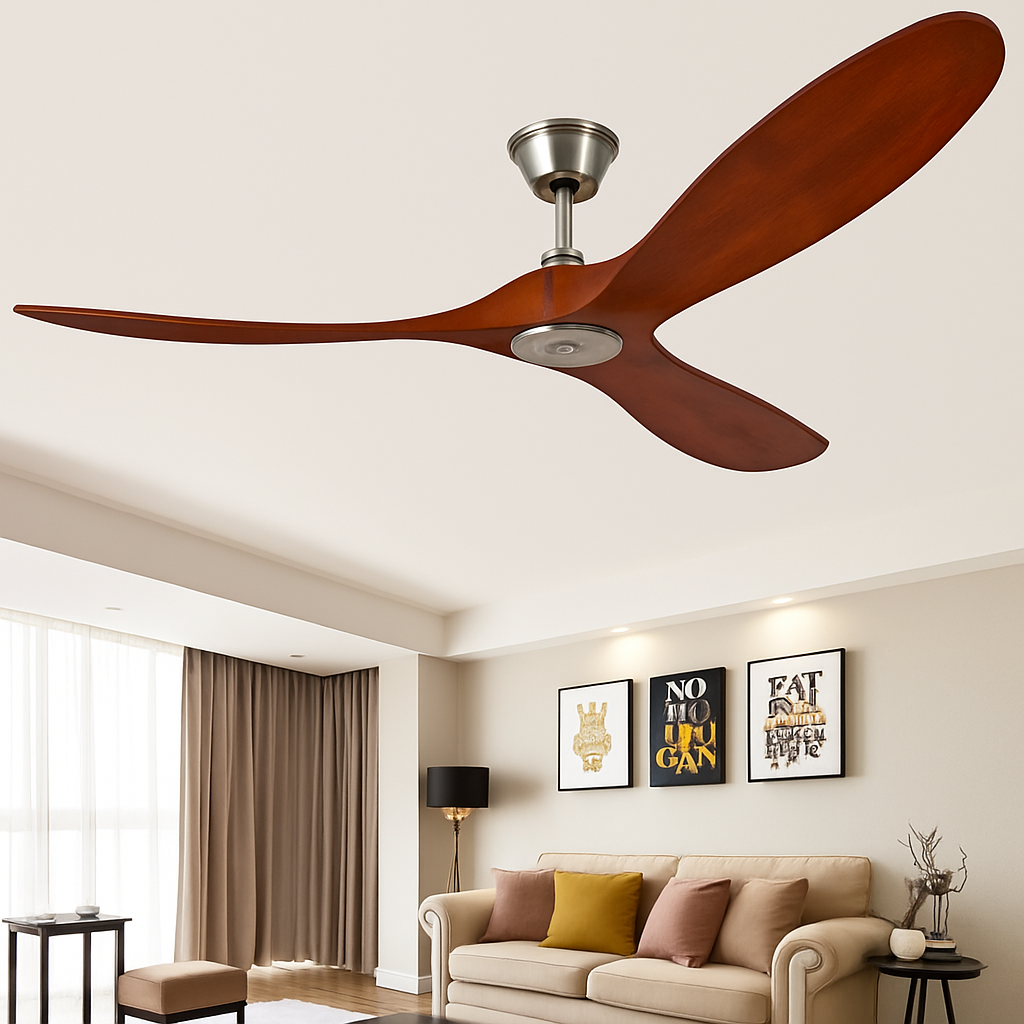 Industrial wooden ceiling fan with remote, no light