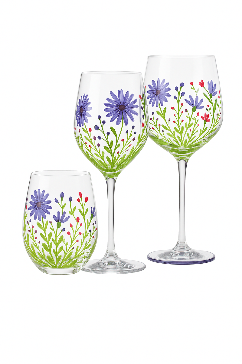Verre à vin cristal peint main motif floral