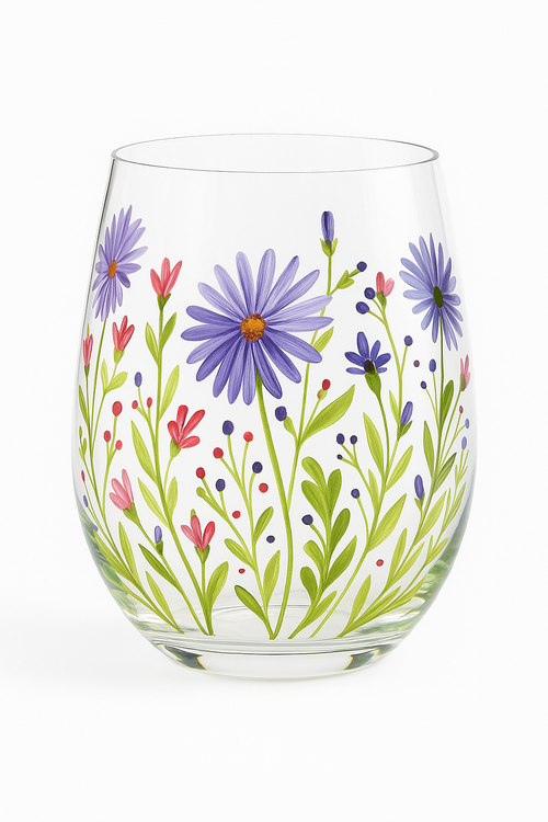Verres vin cristal peints main motif floral élégant
