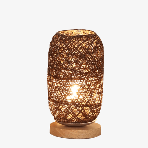 Lampe à poser en rotin LED avec socle en bois et abat-jour arrondie