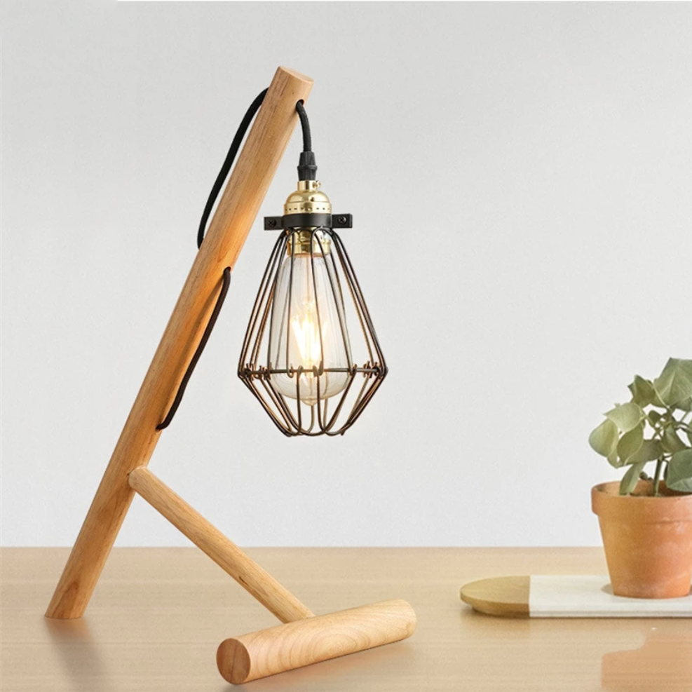 Lampe de bureau ou chevet avec pied en bois et lampe en cage métal - vue 4 sur 4