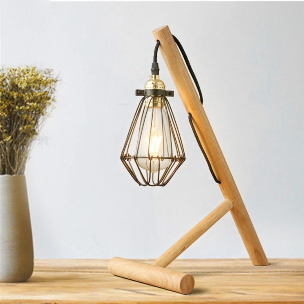 Lampe de bureau ou chevet avec pied en bois et lampe en cage métal - vue 3 sur 4