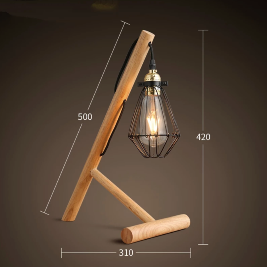 Lampe de bureau ou chevet avec pied en bois et lampe en cage métal - vue 5 sur 4