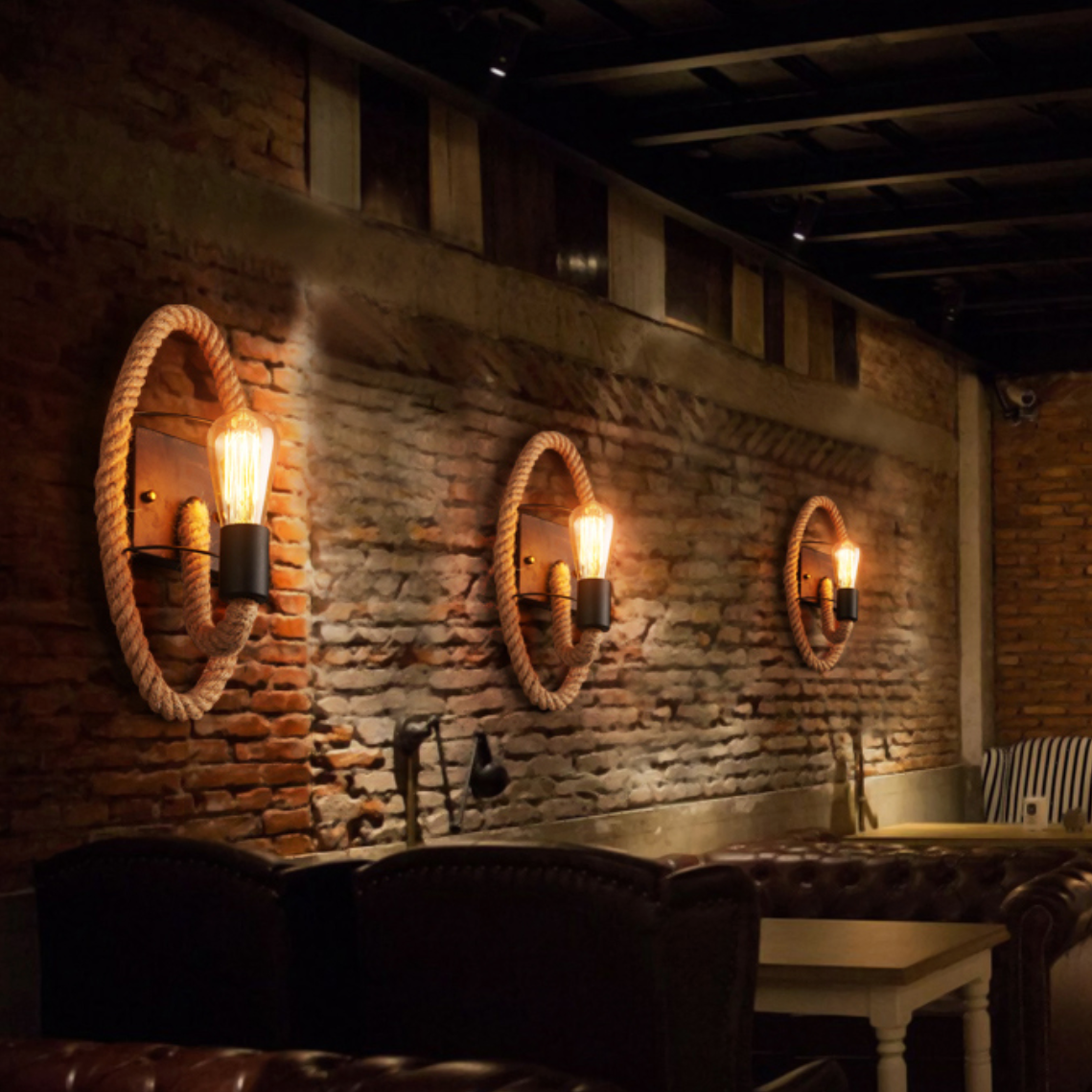 Rustic wall light with round vintage rope - vue 2 sur 6