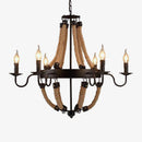 Lustre rustique en métal et cordages avec lampes en flamme