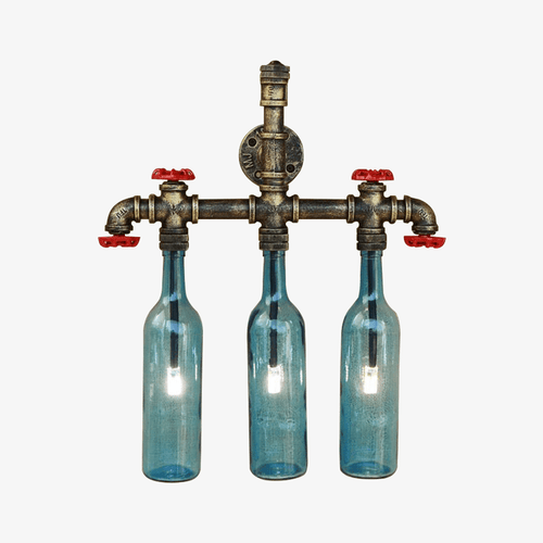Applique murale avec tuyauterie et bouteilles en verre coloré