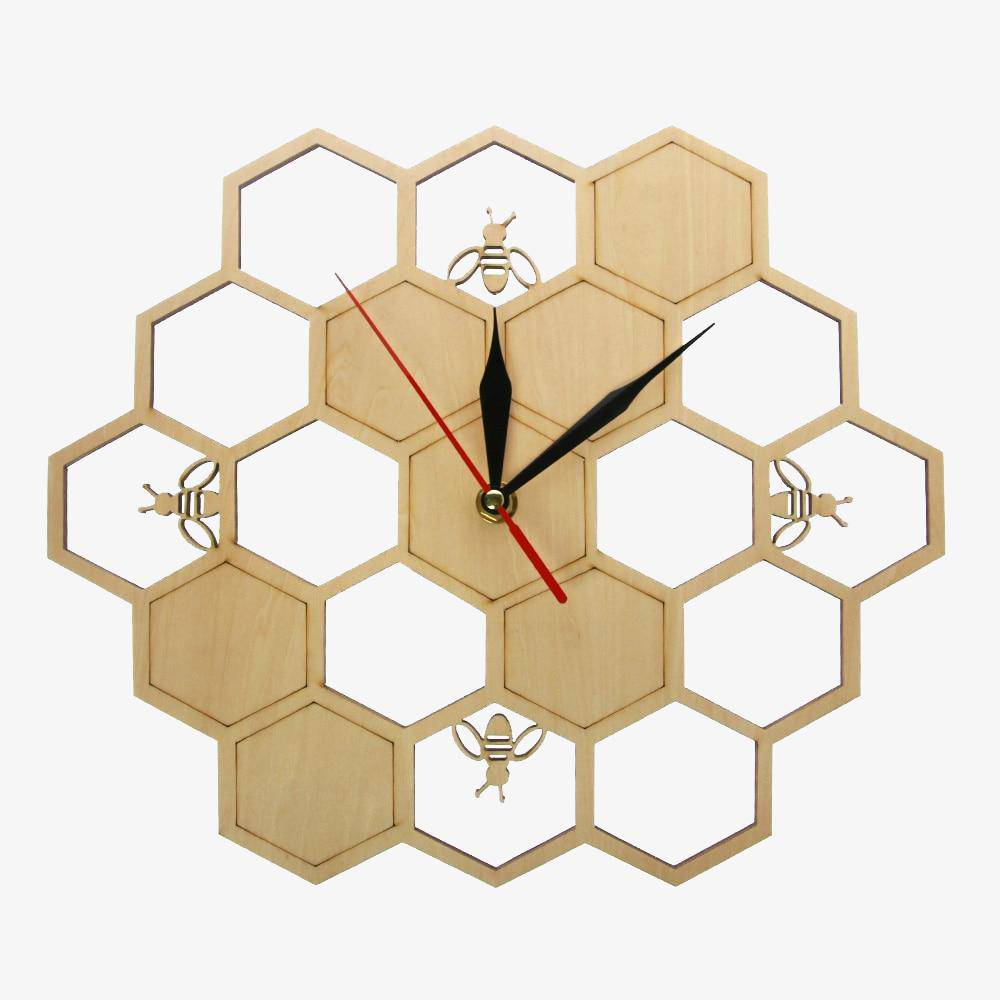 Horloge murale en bois avec alvéoles et abeilles 30cm