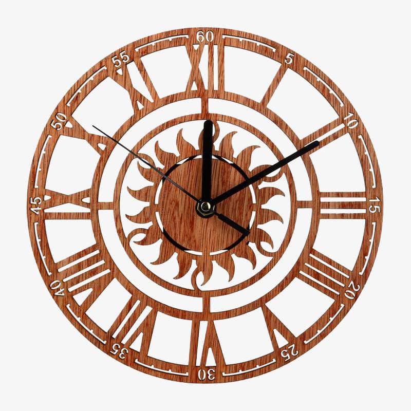Horloge murale ronde en bois avec soleil et chiffres romains Novel