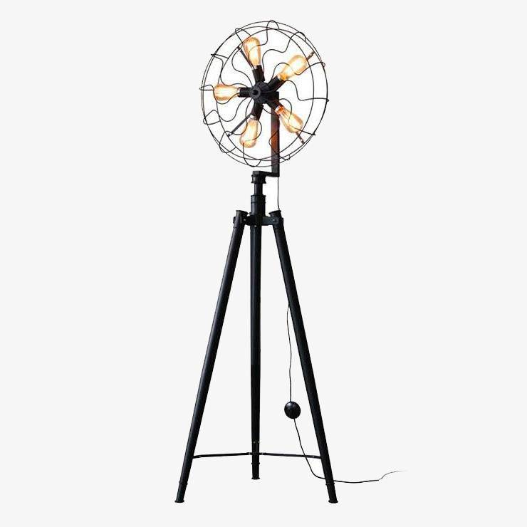 Lampadaire tripode style industriel avec 5 lampes dans cage