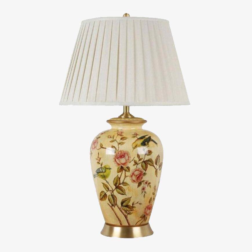 Lampe à poser LED en céramique jaune avec abat-jour blanc style Japonais