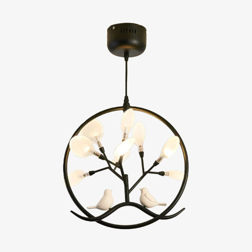 Lustre moderne avec arbre et oiseaux dans anneau Rhym