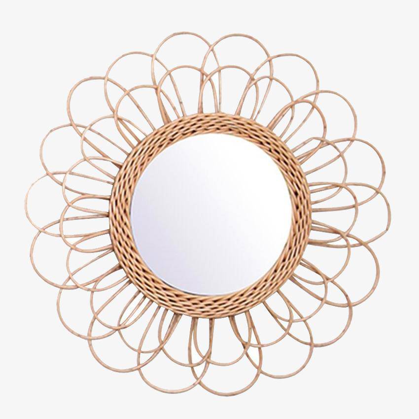 Miroir mural décoratif rond à pétale de fleur en rotin