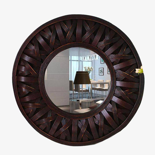 Miroir mural décoratif rond en bois foncé tressé