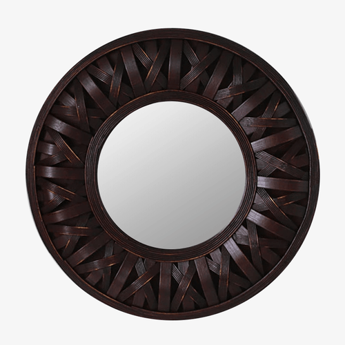 Miroir mural décoratif rond en bois foncé tressé