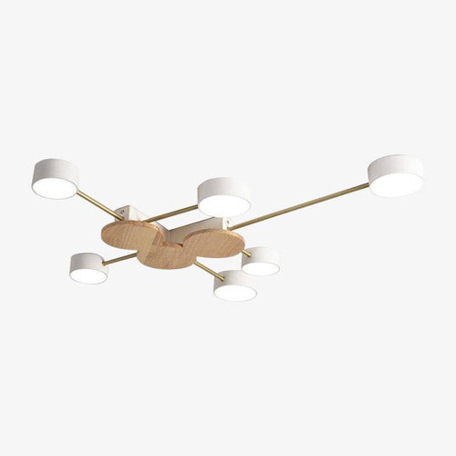 Plafonnier LED design en métal et bois avec plusieurs lampes rondes Aibiou