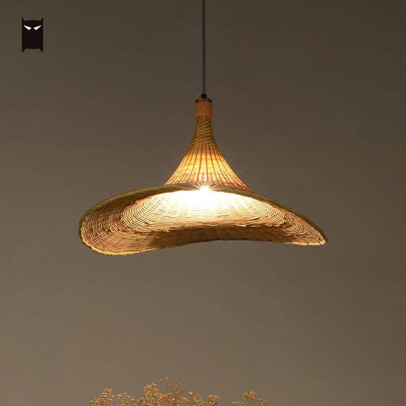 Lustre design en rotin LED avec abat-jour chapeau - vue 4 sur 4