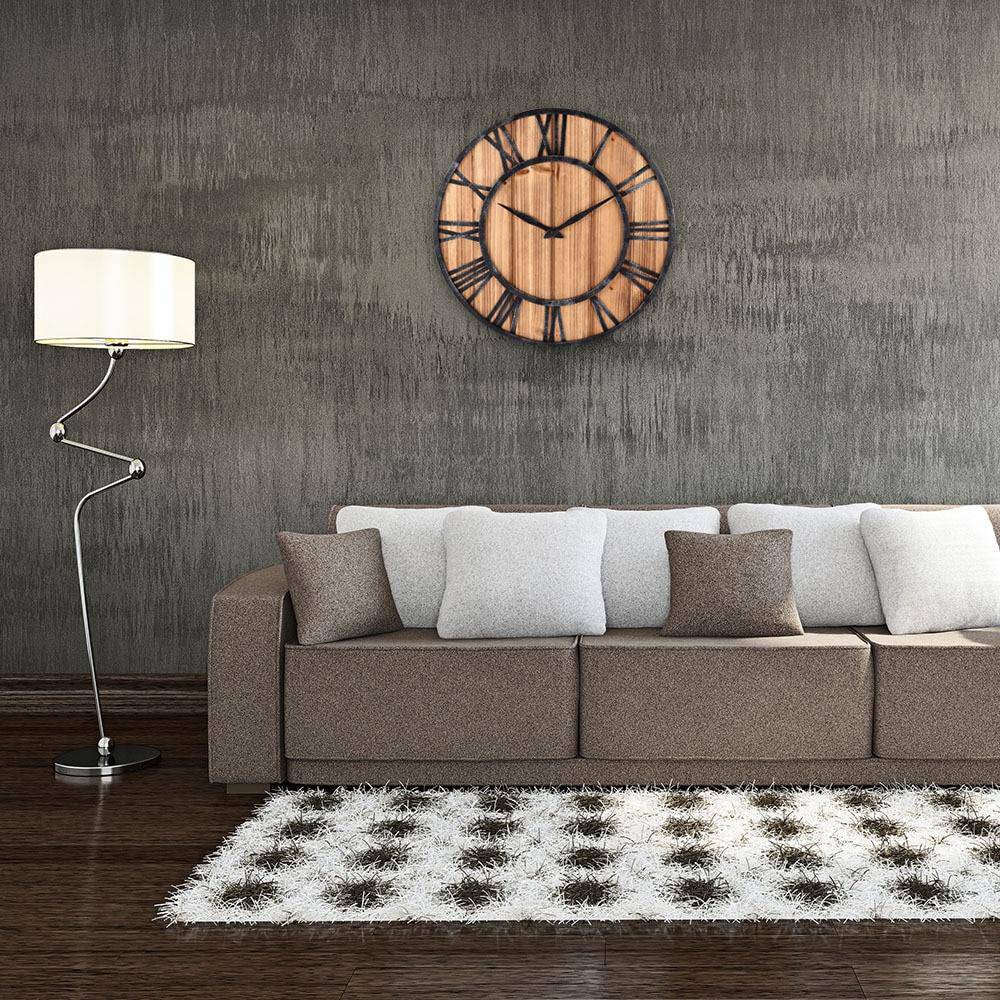 Horloge murale ronde en bois et métal avec chiffres romain style industriel 40cm - vue 2 sur 6