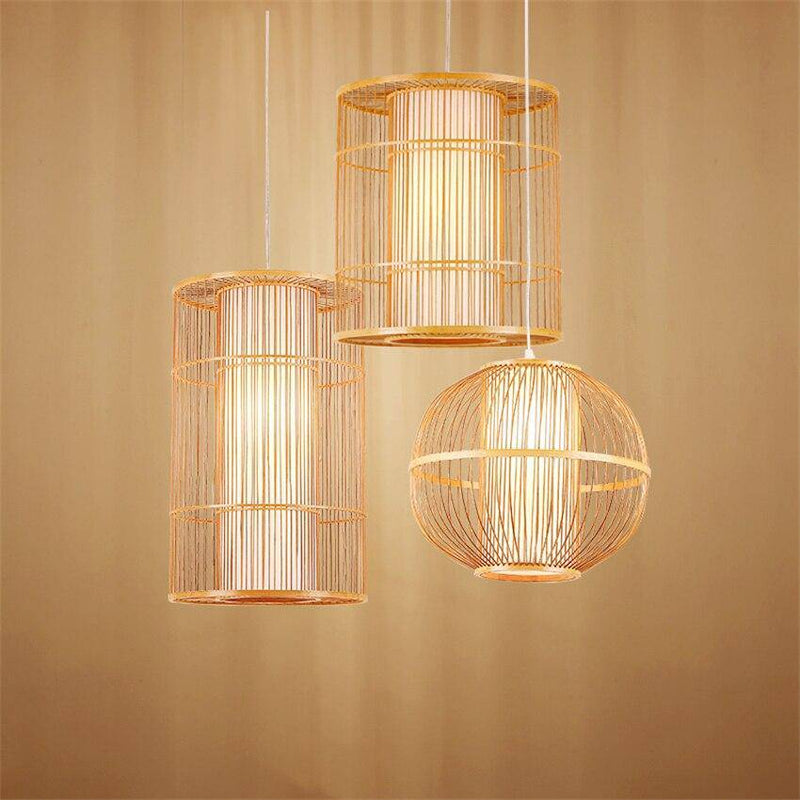 Suspension en rotin LED avec cylindre dans la boule style Tea