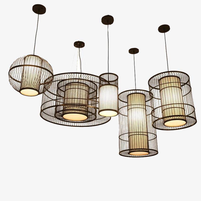 Suspension en rotin LED avec cylindre dans la boule style Tea