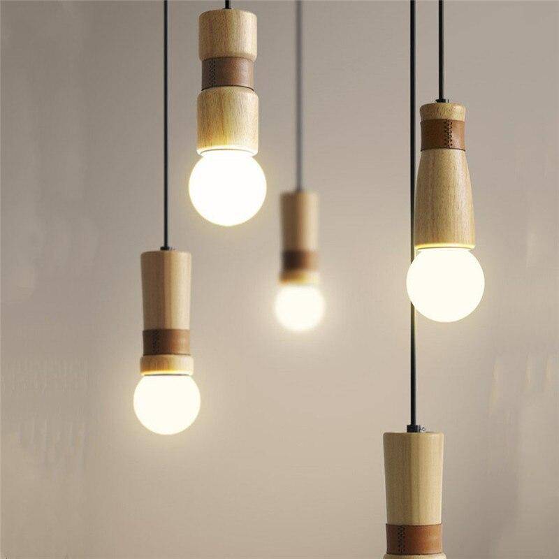 Suspension LED de formes cylindriques en bois avec bracelet simili cuir