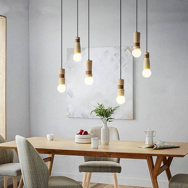 Suspension LED de formes cylindriques en bois avec bracelet simili cuir