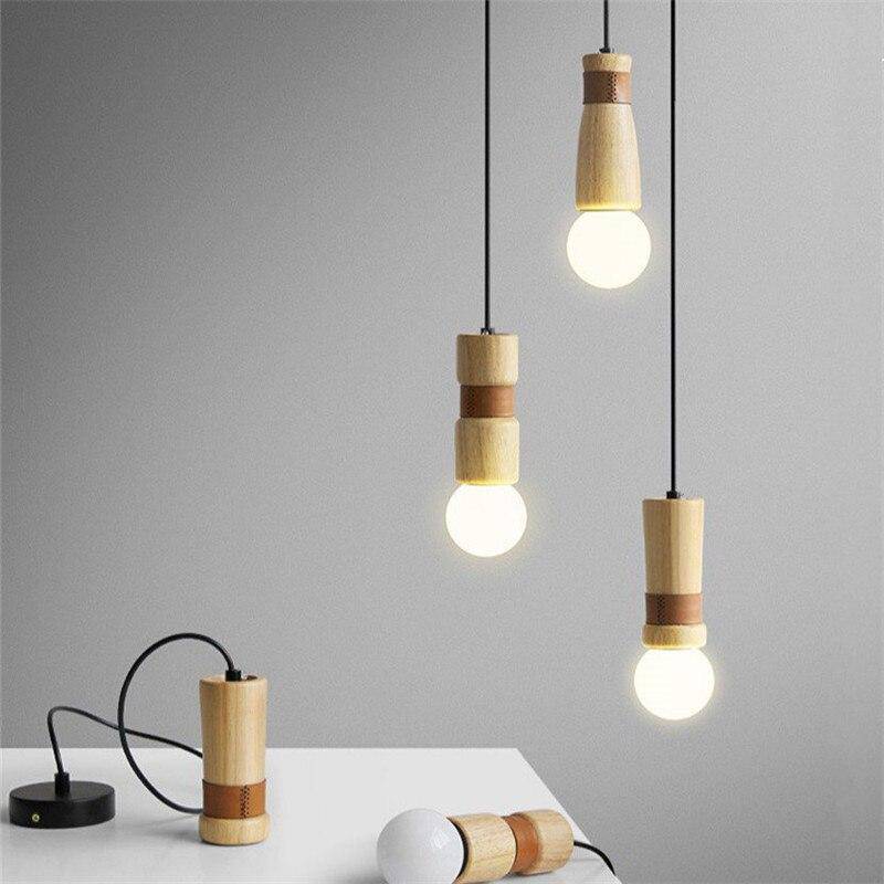 Suspension LED de formes cylindriques en bois avec bracelet simili cuir - vue 10 sur 11
