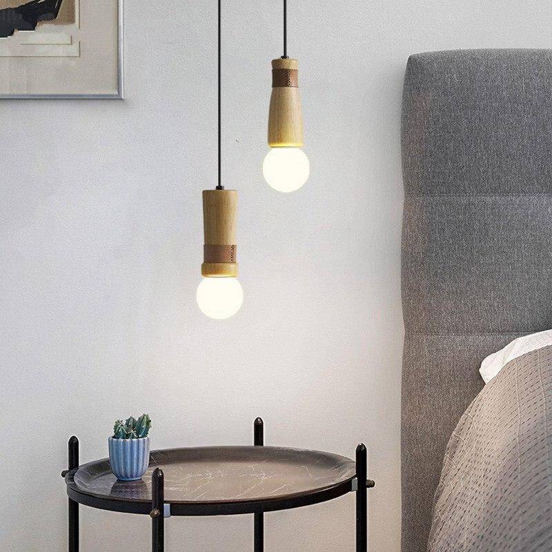 Suspension LED de formes cylindriques en bois avec bracelet simili cuir