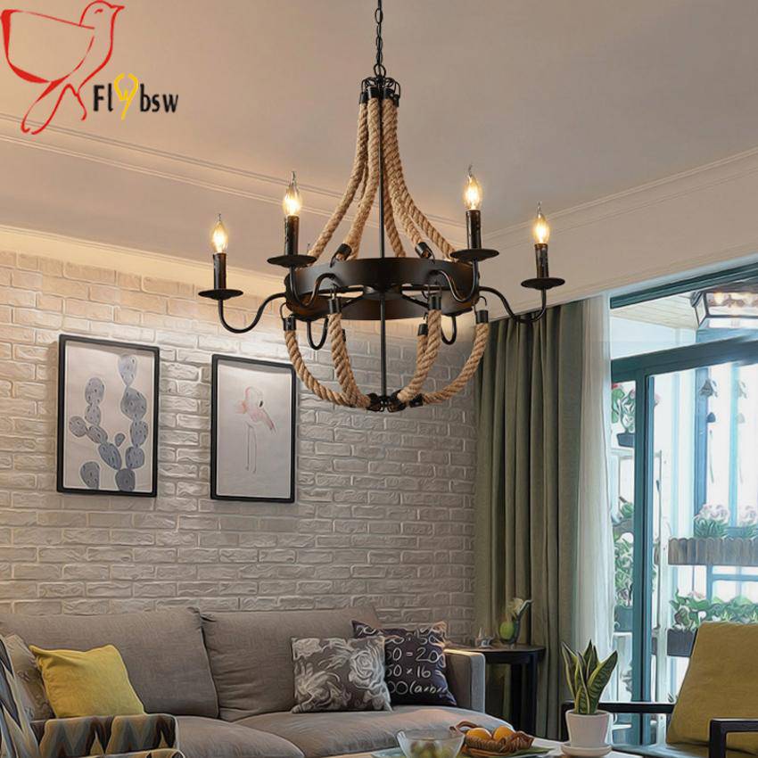 Lustre rustique en métal et cordages avec lampes en flamme - vue 5 sur 7