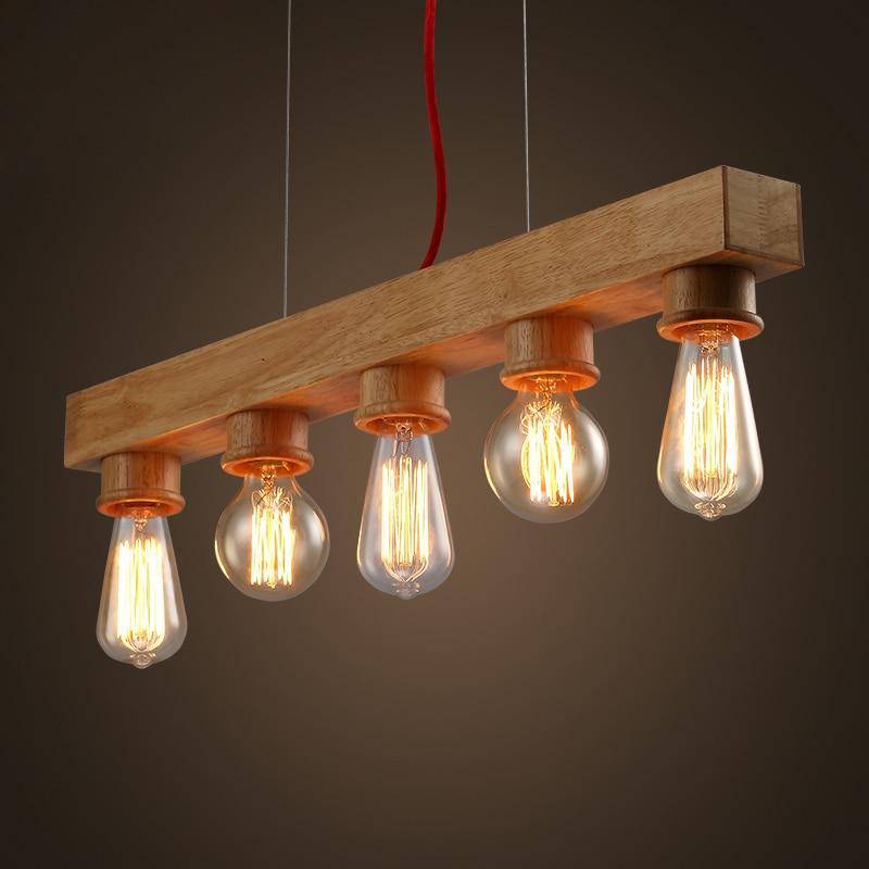 Suspension en bois avec différentes ampoules style Industriel - vue 3 sur 3
